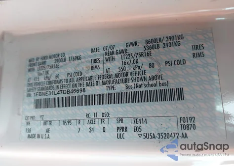 2007 Ford E-350 Super Duty Xl/Xlt from USA, damaged, VIN 1FBNE31L47DB46698